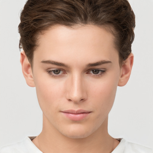 Neutral white young-adult female with short  brown hair and brown eyes