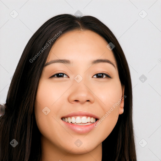 Joyful white young-adult female with long  black hair and brown eyes