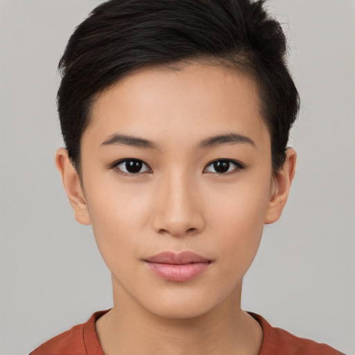 Neutral white young-adult female with short  brown hair and brown eyes