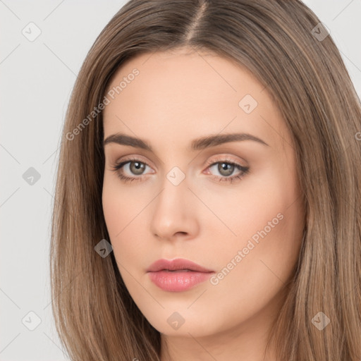 Neutral white young-adult female with long  brown hair and brown eyes