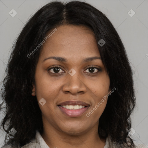 Joyful black young-adult female with medium  brown hair and brown eyes