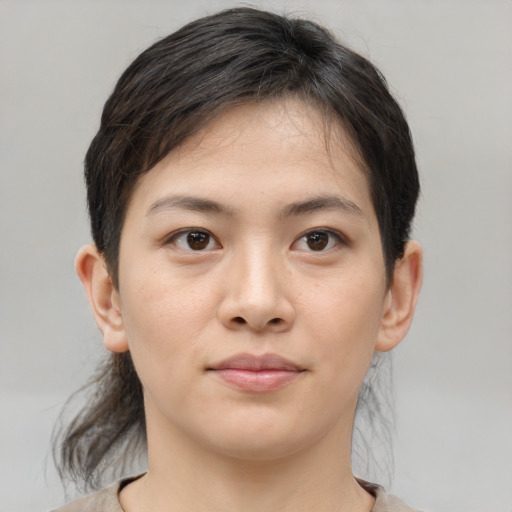 Neutral white young-adult female with medium  brown hair and brown eyes