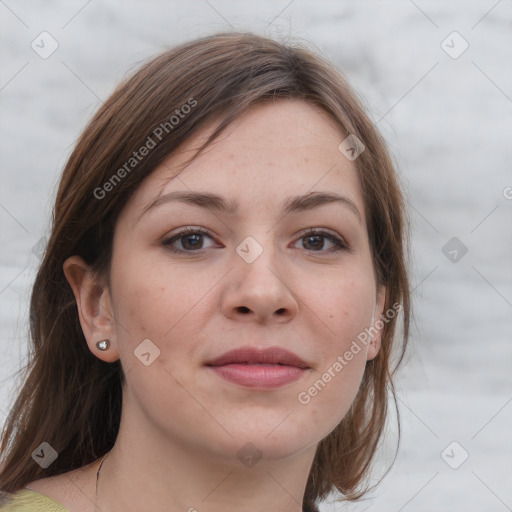 Joyful white young-adult female with medium  brown hair and grey eyes