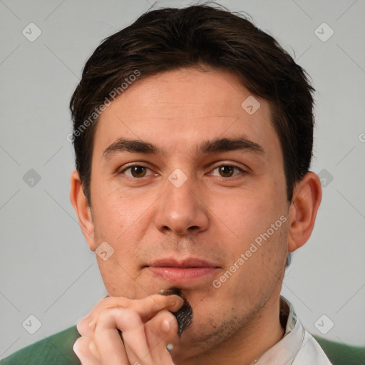 Neutral white young-adult male with short  brown hair and brown eyes