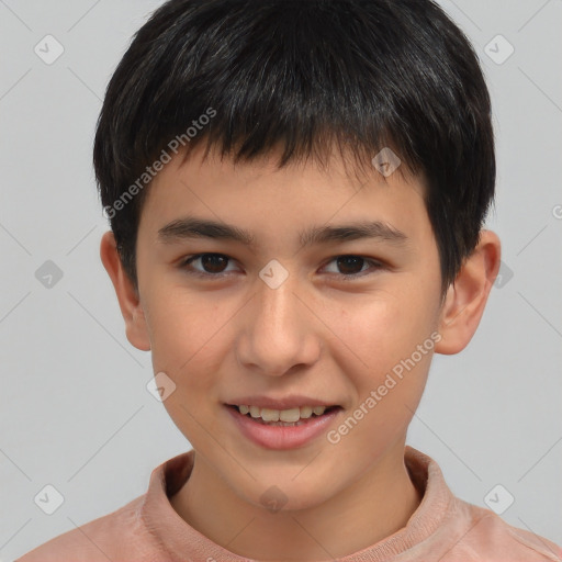 Joyful white child male with short  brown hair and brown eyes