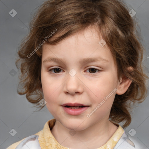 Joyful white child female with medium  brown hair and brown eyes