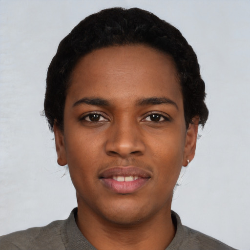 Neutral black young-adult female with short  black hair and brown eyes