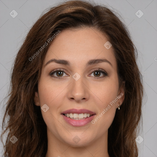 Joyful white young-adult female with long  brown hair and brown eyes