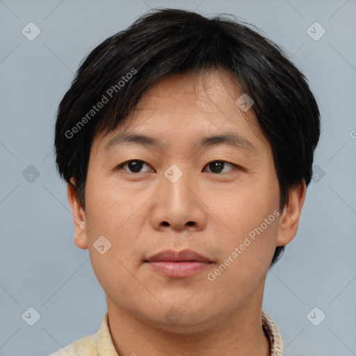 Neutral asian young-adult male with short  brown hair and brown eyes