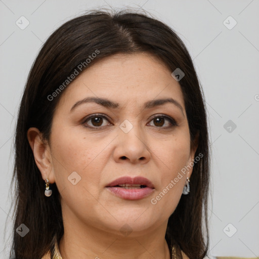 Joyful white adult female with medium  brown hair and brown eyes