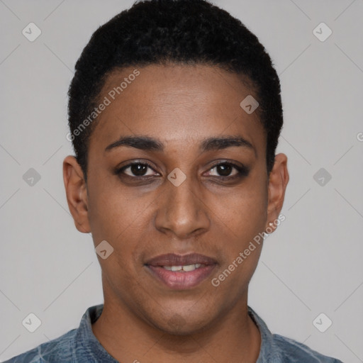 Joyful black young-adult female with short  black hair and brown eyes