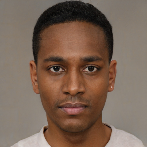 Neutral black young-adult male with short  black hair and brown eyes