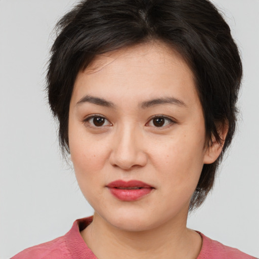 Joyful asian young-adult female with medium  brown hair and brown eyes