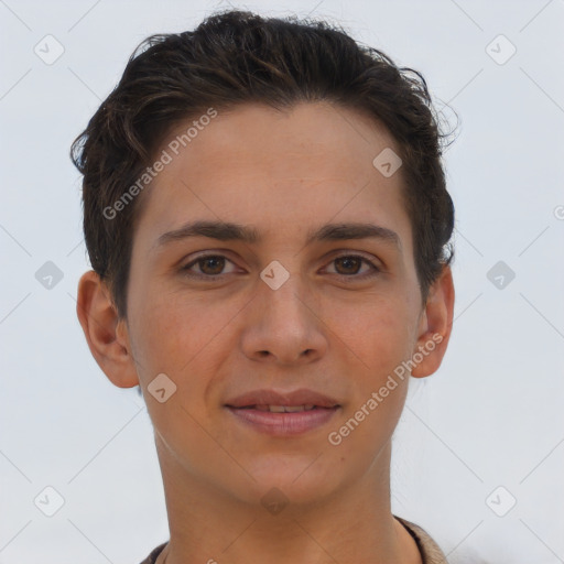 Joyful white young-adult female with short  brown hair and brown eyes