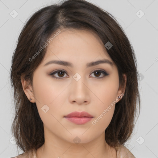 Neutral asian young-adult female with medium  brown hair and brown eyes