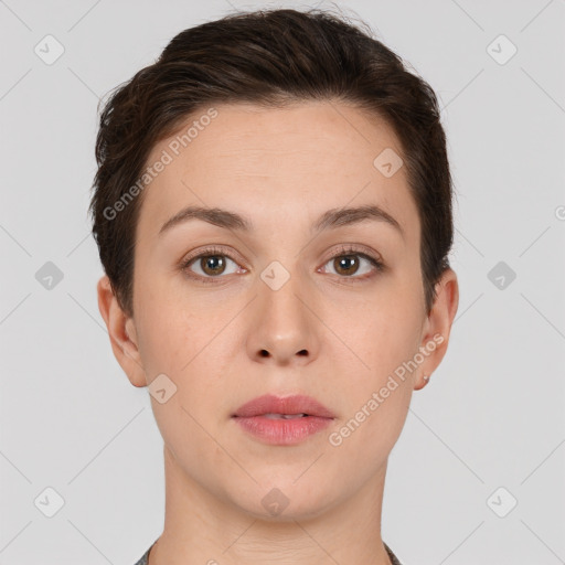 Neutral white young-adult female with short  brown hair and brown eyes