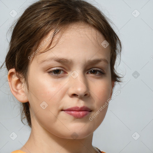 Joyful white child female with medium  brown hair and brown eyes