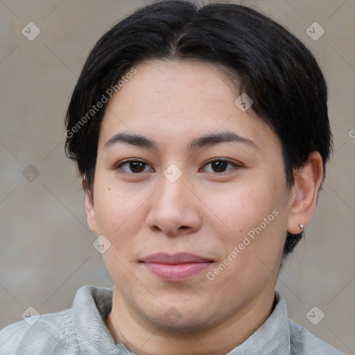 Joyful asian young-adult female with medium  brown hair and brown eyes