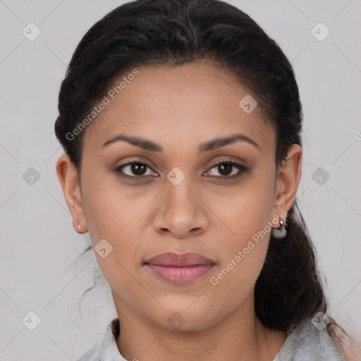 Joyful latino young-adult female with short  brown hair and brown eyes