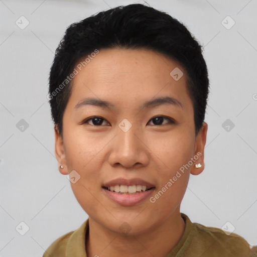 Joyful asian young-adult female with short  black hair and brown eyes