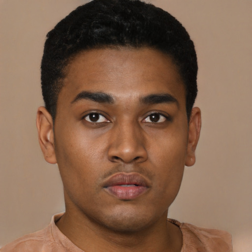 Neutral black young-adult male with short  black hair and brown eyes