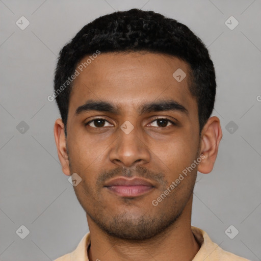 Neutral latino young-adult male with short  black hair and brown eyes