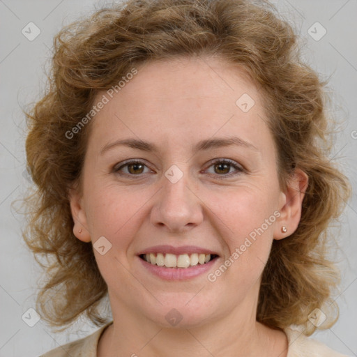 Joyful white young-adult female with medium  brown hair and blue eyes