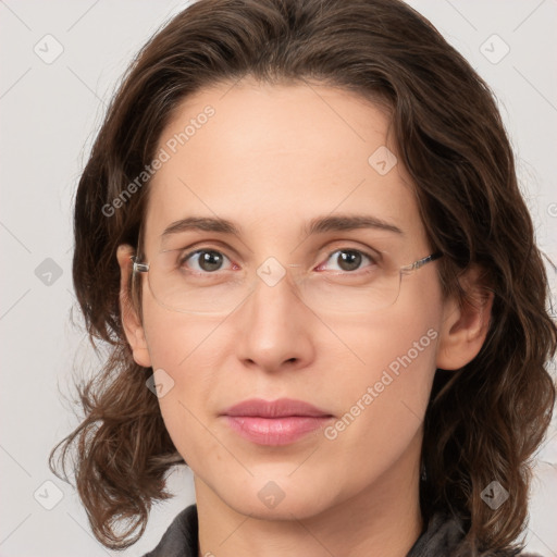 Joyful white young-adult female with medium  brown hair and green eyes