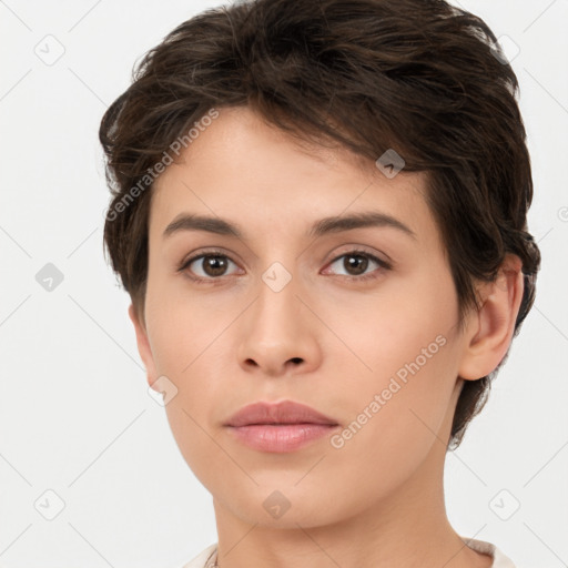 Neutral white young-adult female with short  brown hair and brown eyes