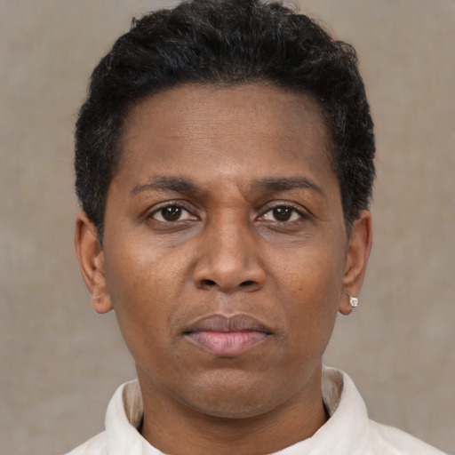 Neutral black young-adult male with short  brown hair and brown eyes