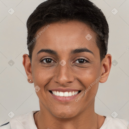 Joyful white young-adult female with short  brown hair and brown eyes