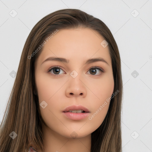 Neutral white young-adult female with long  brown hair and brown eyes