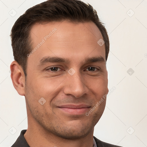 Joyful white young-adult male with short  brown hair and brown eyes