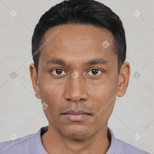 Neutral asian young-adult male with short  black hair and brown eyes