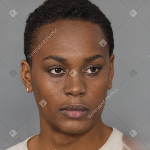 Neutral black young-adult female with short  black hair and brown eyes