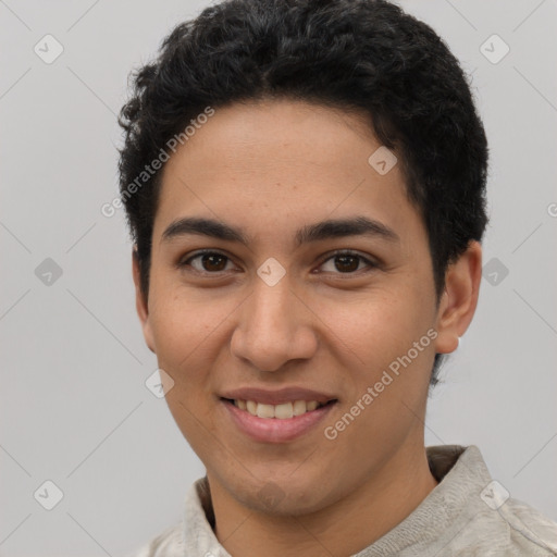 Joyful latino young-adult female with short  brown hair and brown eyes