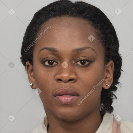 Neutral black young-adult female with short  black hair and brown eyes