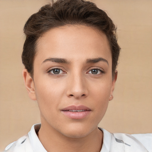 Neutral white young-adult female with short  brown hair and brown eyes