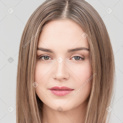 Neutral white young-adult female with long  brown hair and brown eyes