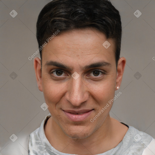 Joyful white young-adult male with short  brown hair and brown eyes