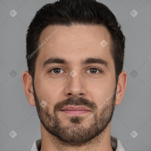 Neutral white young-adult male with short  brown hair and brown eyes