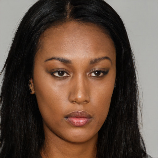 Neutral asian young-adult female with long  brown hair and brown eyes