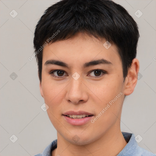 Joyful white young-adult female with short  brown hair and brown eyes