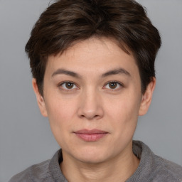 Neutral white young-adult female with short  brown hair and brown eyes