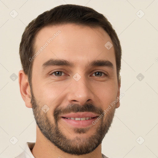 Joyful white young-adult male with short  brown hair and brown eyes