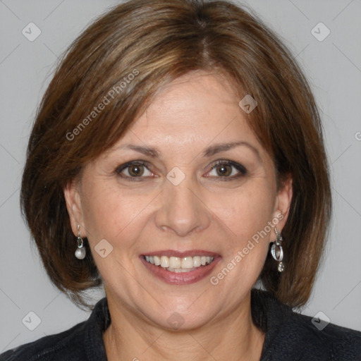 Joyful white adult female with medium  brown hair and brown eyes