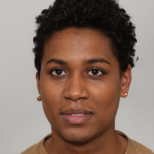 Neutral black young-adult female with short  brown hair and brown eyes
