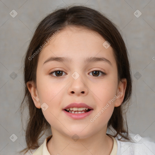 Joyful white child female with medium  brown hair and brown eyes