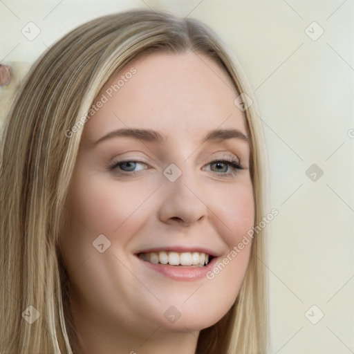 Joyful white young-adult female with long  brown hair and blue eyes