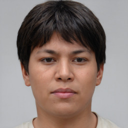 Neutral asian young-adult female with short  brown hair and brown eyes